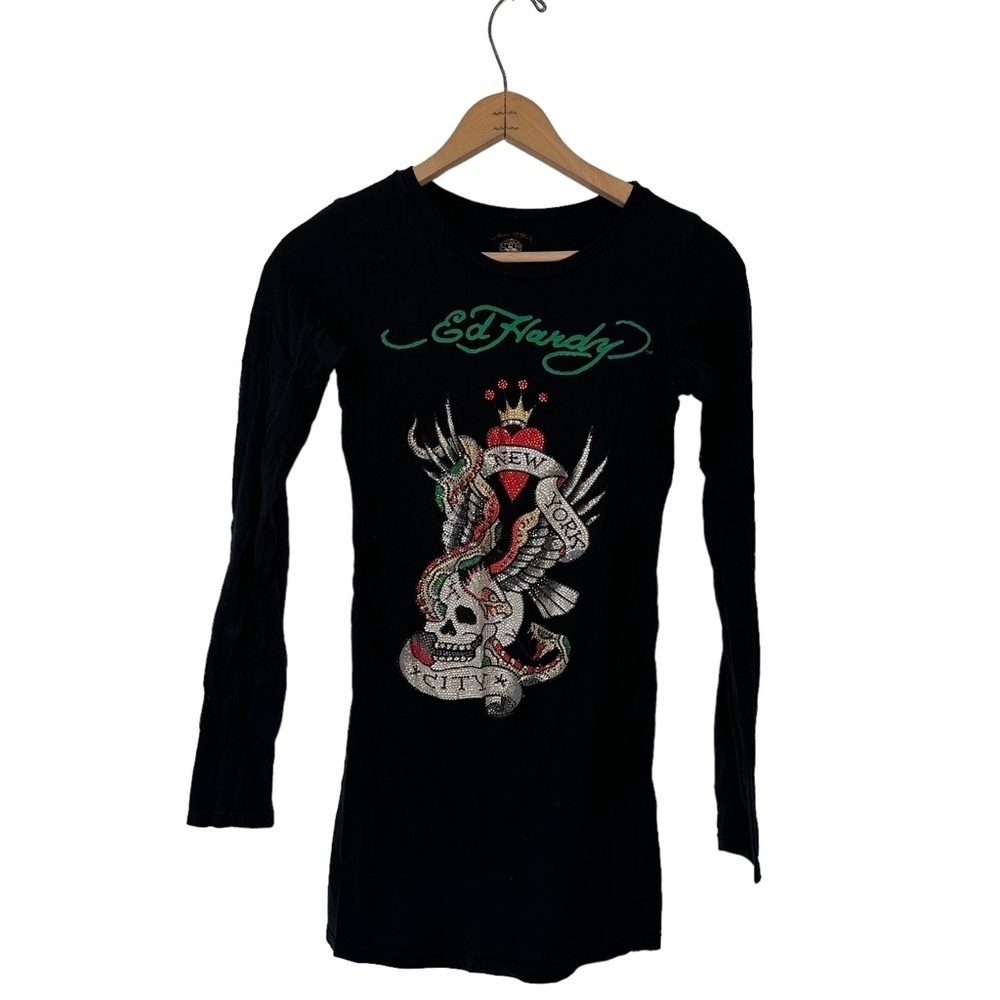 Ed Hardy | Black Crystal New York City Skull Design Long Sleeve Tee Size Small